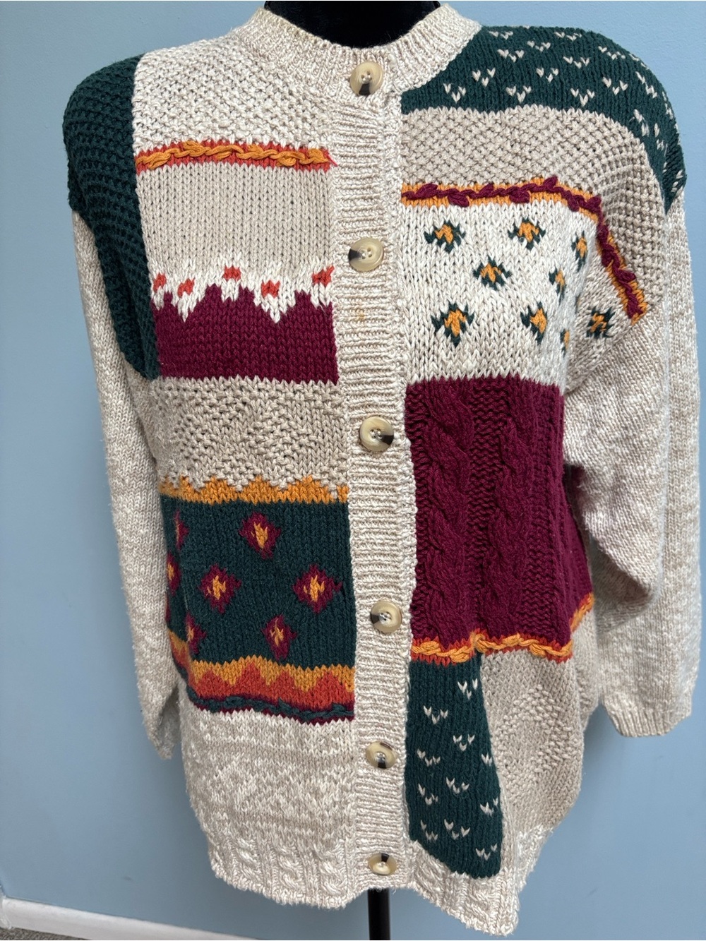 Vintage Original Russ Sport Company Patchwork Knit Cardigan Sweater L Chunky